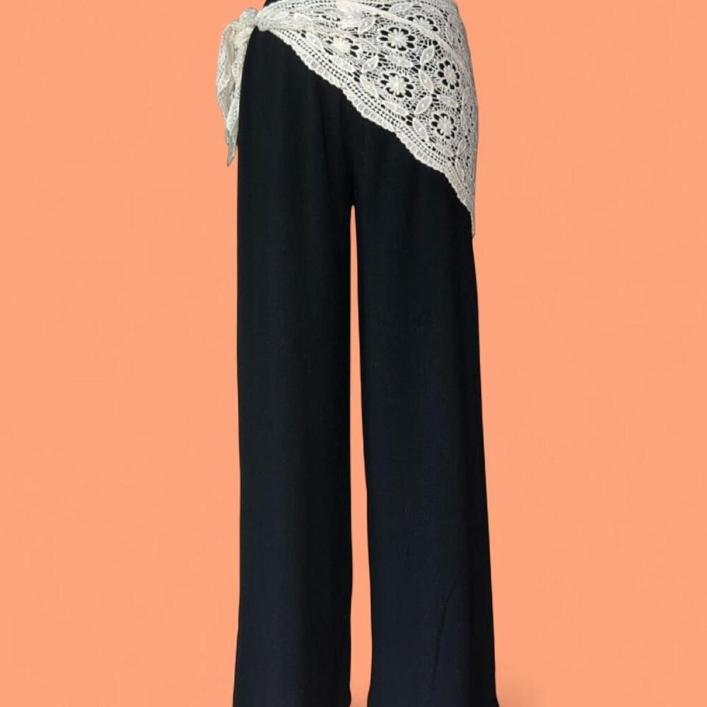 Black Flare Pants Floral Crochet Sarong Overlay Elastic Waist